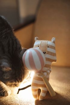Toys made of natural materials. Tiger plush toy on cozy background. Non-plastic, eco-friendly, handmade toys for children