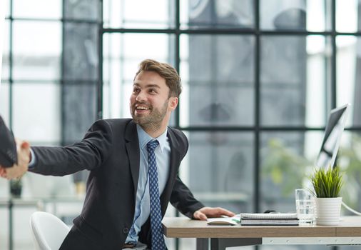 Hello. Portrait Of Cheerful Middle Aged Business Man Waving Hand Smiling