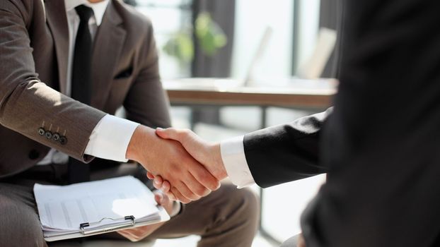 Successful business people handshaking after good deal.