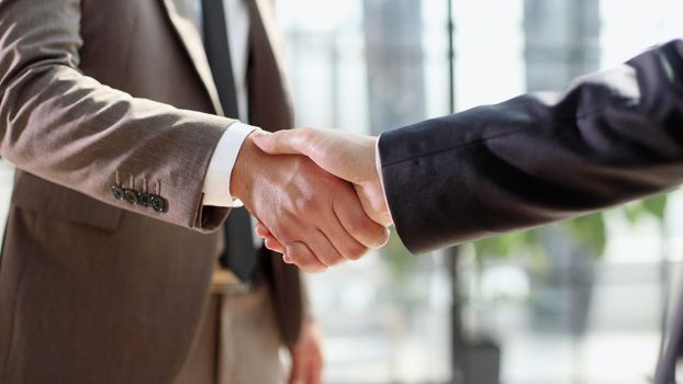 Successful business people handshaking after good deal.