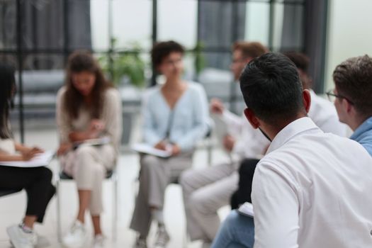 Large group of business people in presentation.