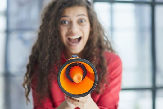 Portrait beautiful young business woman use megaphone