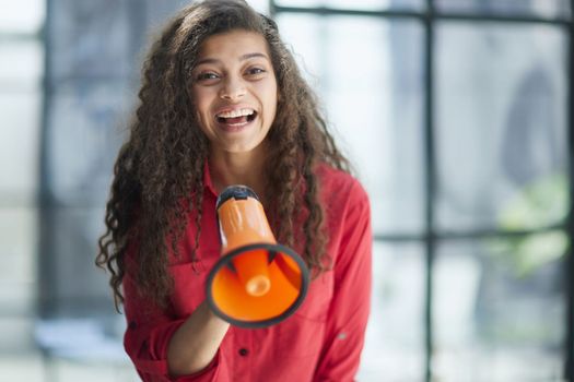 Portrait beautiful young business woman use megaphone