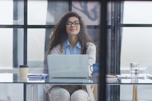 Young businesswoman using laptop at table in office