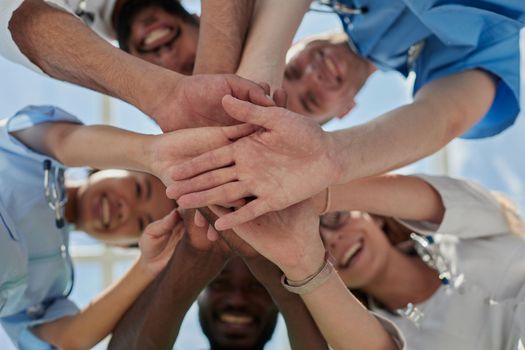 Professional Doctors Holding Each Other Hands. Multinational Medician Meeting.