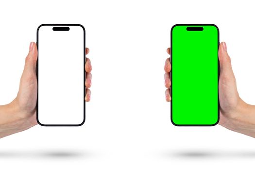 Phone in hand on a white background. A woman's hand holds a new modern phone in her hand on a white background with a blank white screen. Smartphone isolated on green background with green screen