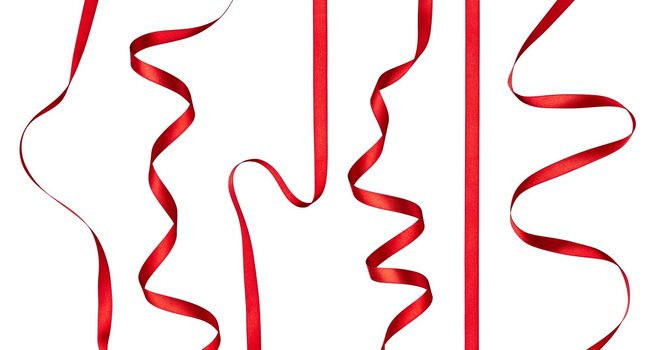 collection of various red ribbon pieces on white background. each one is shot separately