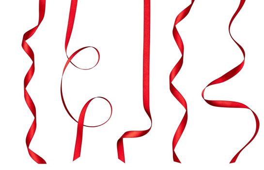 collection of various red ribbon pieces on white background. each one is shot separately