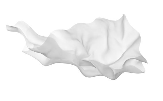 close up of a white fabric cloth flowing on white background