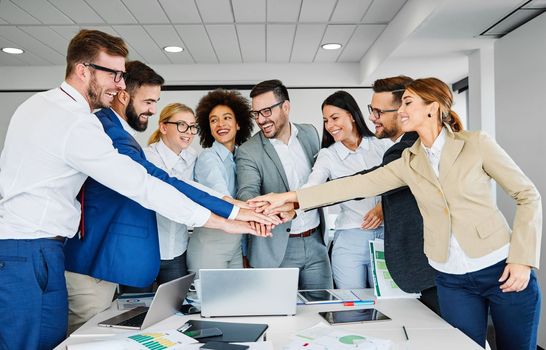 Portrait of a group of young business people in the office. Unity and teamwork business concept