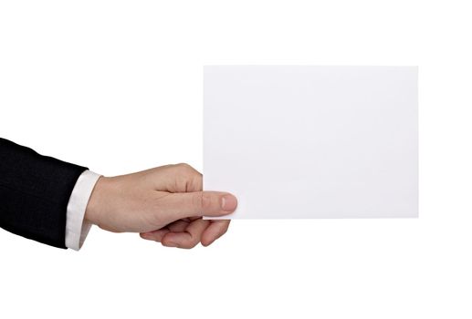 close up of a hand holding a blank sign on white background