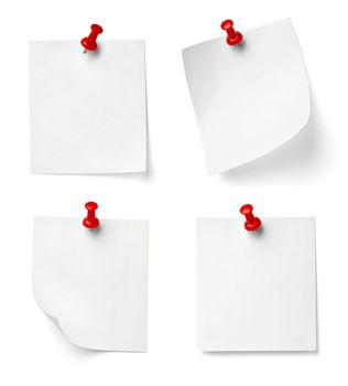 collection of various note paper with a push pin on white background