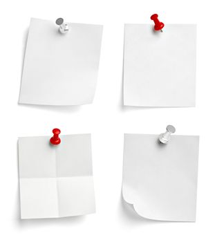 collection of various note paper with a push pin on white background