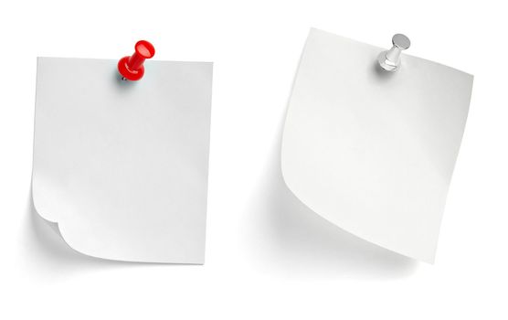 collection of various note paper with a push pin on white background