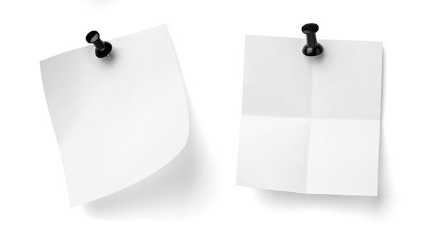 collection of various note paper with a push pin on white background