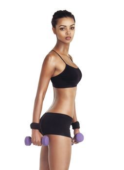 Fitness, weight and portrait of a black woman training for healthy lifestyle and exercise. White background, isolated and health lifestyle of a woman in underwear for body cardio and workout.