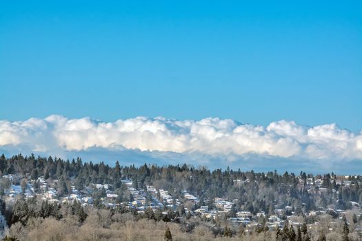 Residential houses in suburban area on cloudy sky background. A winter morning in suburban area of Vancouver, Canada
