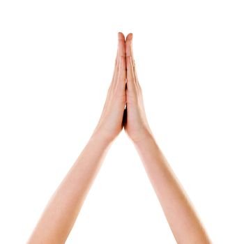 High five, studio and people hands for success, teamwork or support isolated on white background on marketing space. Prayer, faith and palm together sign or emoji on advertising mock up for winner.