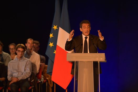BORDEAUX, FRANCE - NOVEMBER 22, 2014 : Political meeting of the former President of the Republic, Nicolas Sarkozy in Bordeaux with Alain Juppe Mayor of the City. High quality photo