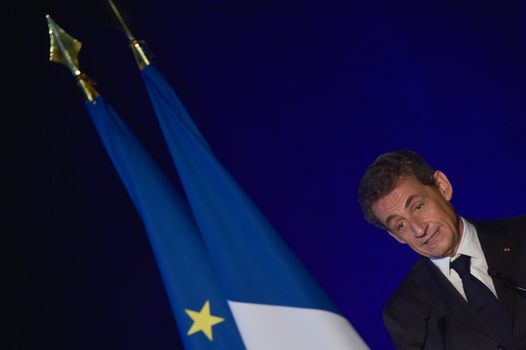 BORDEAUX, FRANCE - NOVEMBER 22, 2014 : Political meeting of the former President of the Republic, Nicolas Sarkozy in Bordeaux with Alain Juppe Mayor of the City. High quality photo