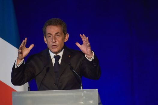 BORDEAUX, FRANCE - NOVEMBER 22, 2014 : Political meeting of the former President of the Republic, Nicolas Sarkozy in Bordeaux with Alain Juppe Mayor of the City. High quality photo