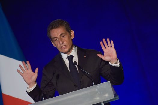 BORDEAUX, FRANCE - NOVEMBER 22, 2014 : Political meeting of the former President of the Republic, Nicolas Sarkozy in Bordeaux with Alain Juppe Mayor of the City. High quality photo