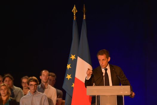 BORDEAUX, FRANCE - NOVEMBER 22, 2014 : Political meeting of the former President of the Republic, Nicolas Sarkozy in Bordeaux with Alain Juppe Mayor of the City. High quality photo