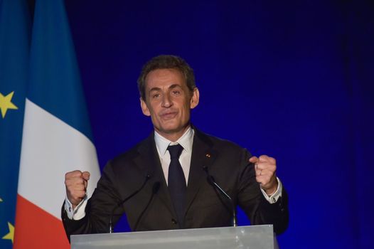 BORDEAUX, FRANCE - NOVEMBER 22, 2014 : Political meeting of the former President of the Republic, Nicolas Sarkozy in Bordeaux with Alain Juppe Mayor of the City. High quality photo