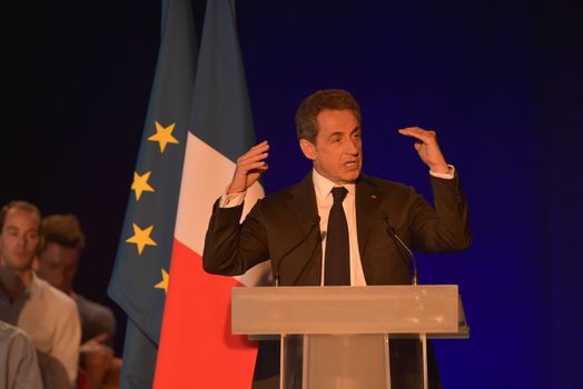 BORDEAUX, FRANCE - NOVEMBER 22, 2014 : Political meeting of the former President of the Republic, Nicolas Sarkozy in Bordeaux with Alain Juppe Mayor of the City. High quality photo