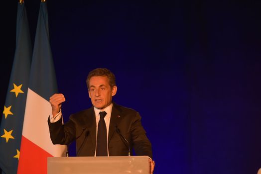 BORDEAUX, FRANCE - NOVEMBER 22, 2014 : Political meeting of the former President of the Republic, Nicolas Sarkozy in Bordeaux with Alain Juppe Mayor of the City. High quality photo