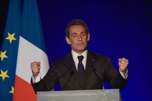 BORDEAUX, FRANCE - NOVEMBER 22, 2014 : Political meeting of the former President of the Republic, Nicolas Sarkozy in Bordeaux with Alain Juppe Mayor of the City. High quality photo