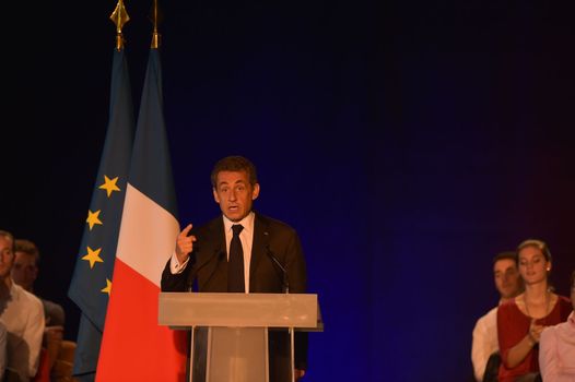 BORDEAUX, FRANCE - NOVEMBER 22, 2014 : Political meeting of the former President of the Republic, Nicolas Sarkozy in Bordeaux with Alain Juppe Mayor of the City. High quality photo