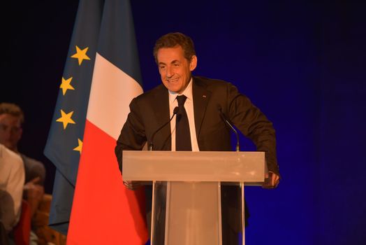 BORDEAUX, FRANCE - NOVEMBER 22, 2014 : Political meeting of the former President of the Republic, Nicolas Sarkozy in Bordeaux with Alain Juppe Mayor of the City. High quality photo