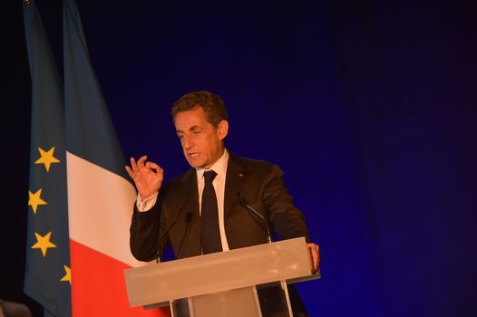 BORDEAUX, FRANCE - NOVEMBER 22, 2014 : Political meeting of the former President of the Republic, Nicolas Sarkozy in Bordeaux with Alain Juppe Mayor of the City. High quality photo