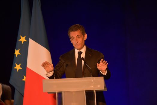 BORDEAUX, FRANCE - NOVEMBER 22, 2014 : Political meeting of the former President of the Republic, Nicolas Sarkozy in Bordeaux with Alain Juppe Mayor of the City. High quality photo