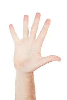 Numbers, showing and hand of a person for communication isolated on a white background in studio. High five, sign language and palm of a man for a warning, conversation and hello on a backdrop.