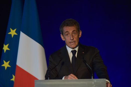 BORDEAUX, FRANCE - NOVEMBER 22, 2014 : Political meeting of the former President of the Republic, Nicolas Sarkozy in Bordeaux with Alain Juppe Mayor of the City. High quality photo