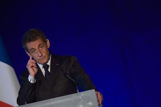 BORDEAUX, FRANCE - NOVEMBER 22, 2014 : Political meeting of the former President of the Republic, Nicolas Sarkozy in Bordeaux with Alain Juppe Mayor of the City. High quality photo
