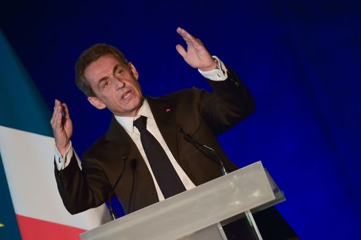 BORDEAUX, FRANCE - NOVEMBER 22, 2014 : Political meeting of the former President of the Republic, Nicolas Sarkozy in Bordeaux with Alain Juppe Mayor of the City. High quality photo