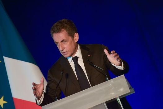 BORDEAUX, FRANCE - NOVEMBER 22, 2014 : Political meeting of the former President of the Republic, Nicolas Sarkozy in Bordeaux with Alain Juppe Mayor of the City. High quality photo