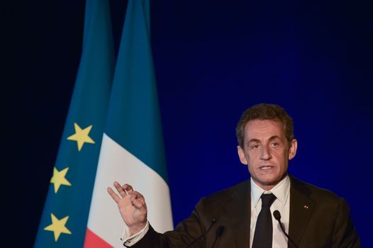 BORDEAUX, FRANCE - NOVEMBER 22, 2014 : Political meeting of the former President of the Republic, Nicolas Sarkozy in Bordeaux with Alain Juppe Mayor of the City. High quality photo