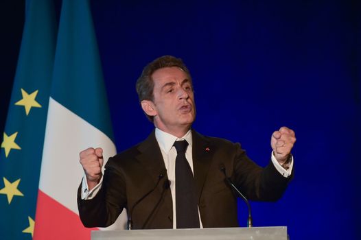 BORDEAUX, FRANCE - NOVEMBER 22, 2014 : Political meeting of the former President of the Republic, Nicolas Sarkozy in Bordeaux with Alain Juppe Mayor of the City. High quality photo