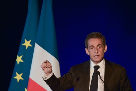 BORDEAUX, FRANCE - NOVEMBER 22, 2014 : Political meeting of the former President of the Republic, Nicolas Sarkozy in Bordeaux with Alain Juppe Mayor of the City. High quality photo