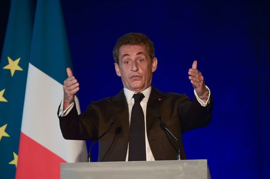BORDEAUX, FRANCE - NOVEMBER 22, 2014 : Political meeting of the former President of the Republic, Nicolas Sarkozy in Bordeaux with Alain Juppe Mayor of the City. High quality photo