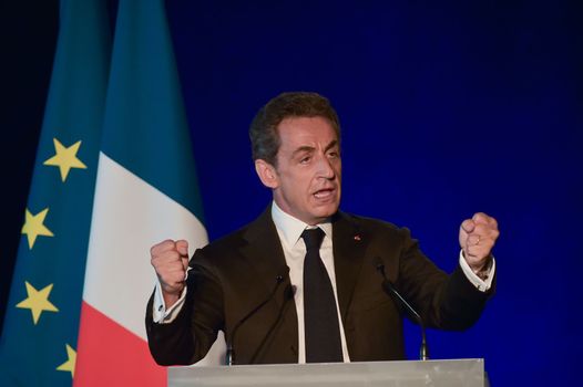 BORDEAUX, FRANCE - NOVEMBER 22, 2014 : Political meeting of the former President of the Republic, Nicolas Sarkozy in Bordeaux with Alain Juppe Mayor of the City. High quality photo