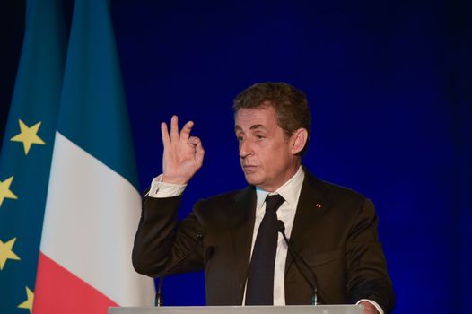 BORDEAUX, FRANCE - NOVEMBER 22, 2014 : Political meeting of the former President of the Republic, Nicolas Sarkozy in Bordeaux with Alain Juppe Mayor of the City. High quality photo