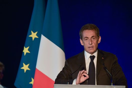 BORDEAUX, FRANCE - NOVEMBER 22, 2014 : Political meeting of the former President of the Republic, Nicolas Sarkozy in Bordeaux with Alain Juppe Mayor of the City. High quality photo