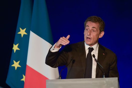 BORDEAUX, FRANCE - NOVEMBER 22, 2014 : Political meeting of the former President of the Republic, Nicolas Sarkozy in Bordeaux with Alain Juppe Mayor of the City. High quality photo