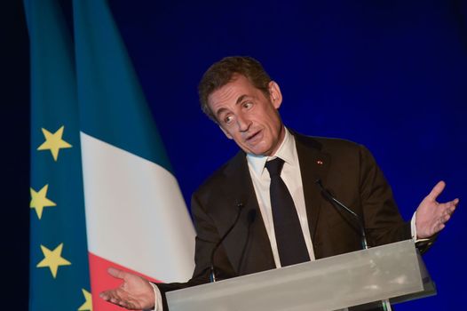BORDEAUX, FRANCE - NOVEMBER 22, 2014 : Political meeting of the former President of the Republic, Nicolas Sarkozy in Bordeaux with Alain Juppe Mayor of the City. High quality photo