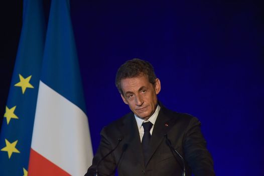 BORDEAUX, FRANCE - NOVEMBER 22, 2014 : Political meeting of the former President of the Republic, Nicolas Sarkozy in Bordeaux with Alain Juppe Mayor of the City. High quality photo